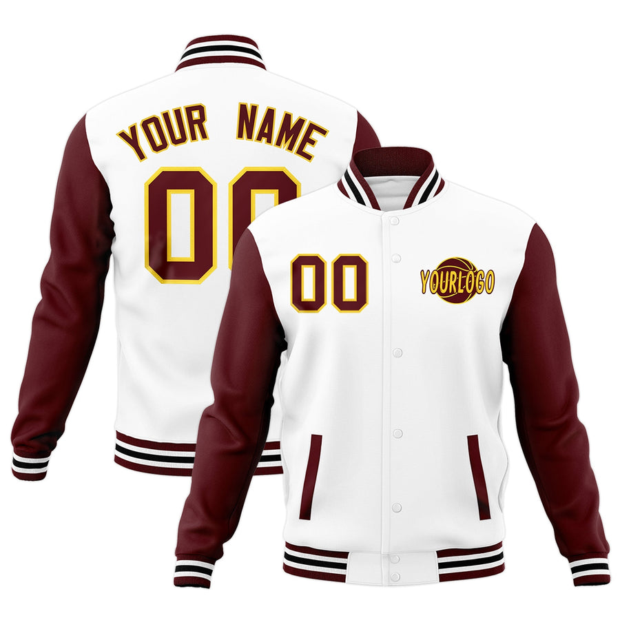 Custom White Crimson Black Raglan Sleeves Classic Style Letterman Cotton Fabric Jacket | BuyFootballJersey