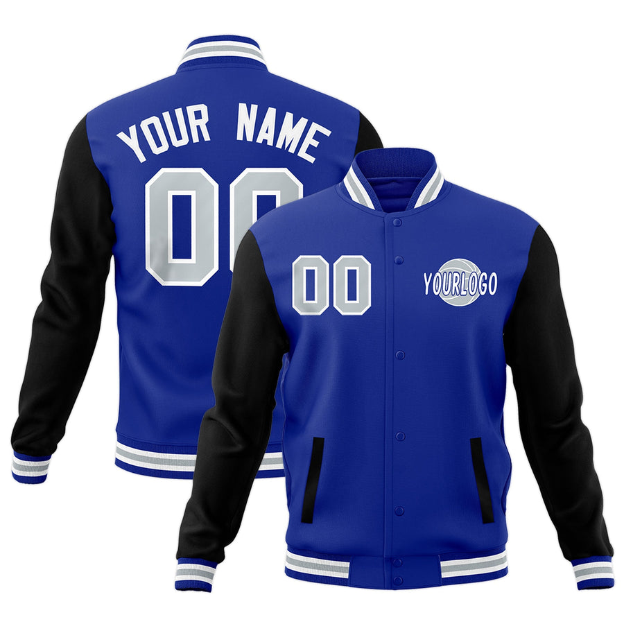 Custom Black White Royal Blue Raglan Sleeves Classic Style Letterman Cotton Fabric Jacket | BuyFootballJersey