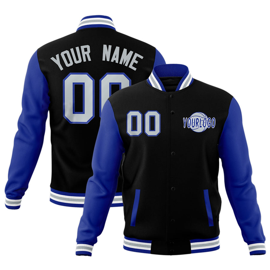Custom Black Royal Blue White Raglan Sleeves Classic Style Letterman Cotton Fabric Jacket | BuyFootballJersey