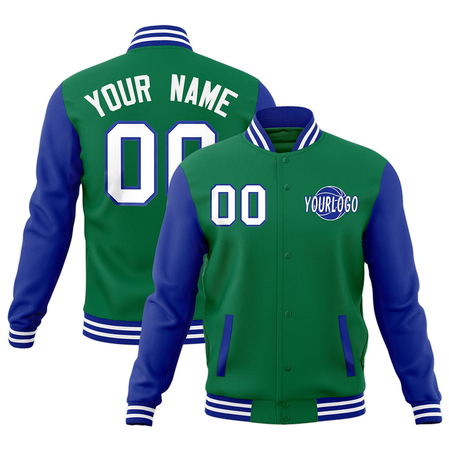 Custom Kelly Green Royal Blue White Raglan Sleeves Classic Style Letterman Cotton Fabric Jacket | BuyFootballJersey