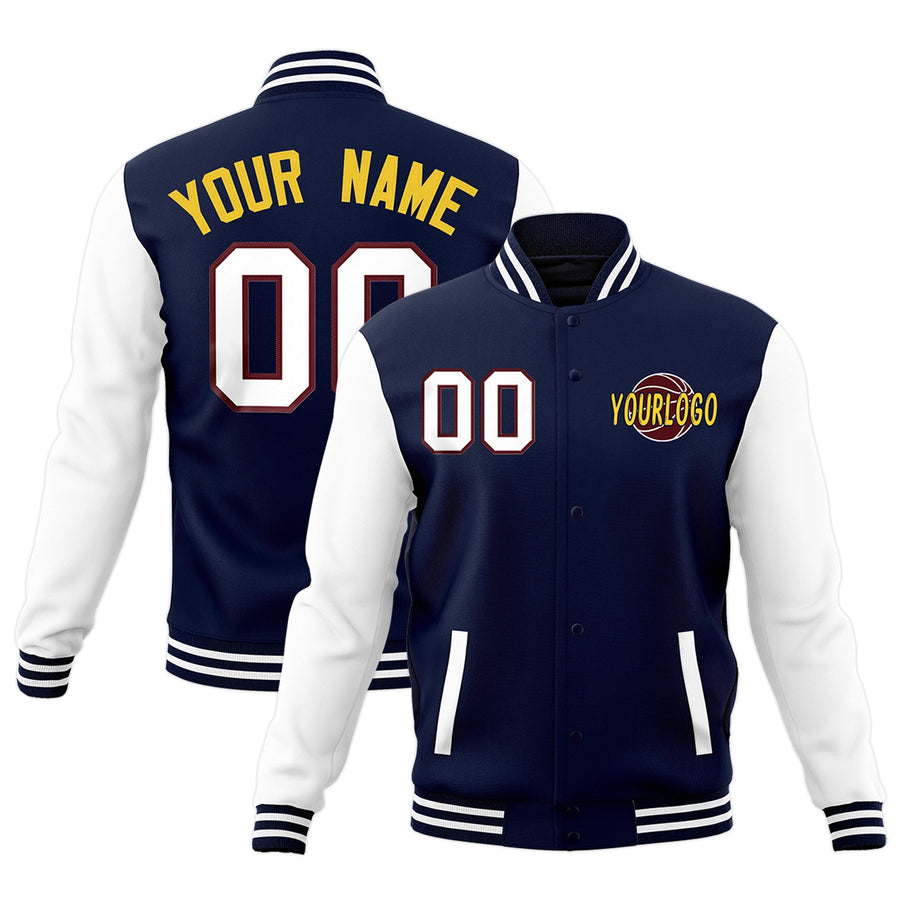 Custom Navy White Raglan Sleeves Classic Style Letterman Cotton Fabric Jacket | BuyFootballJersey