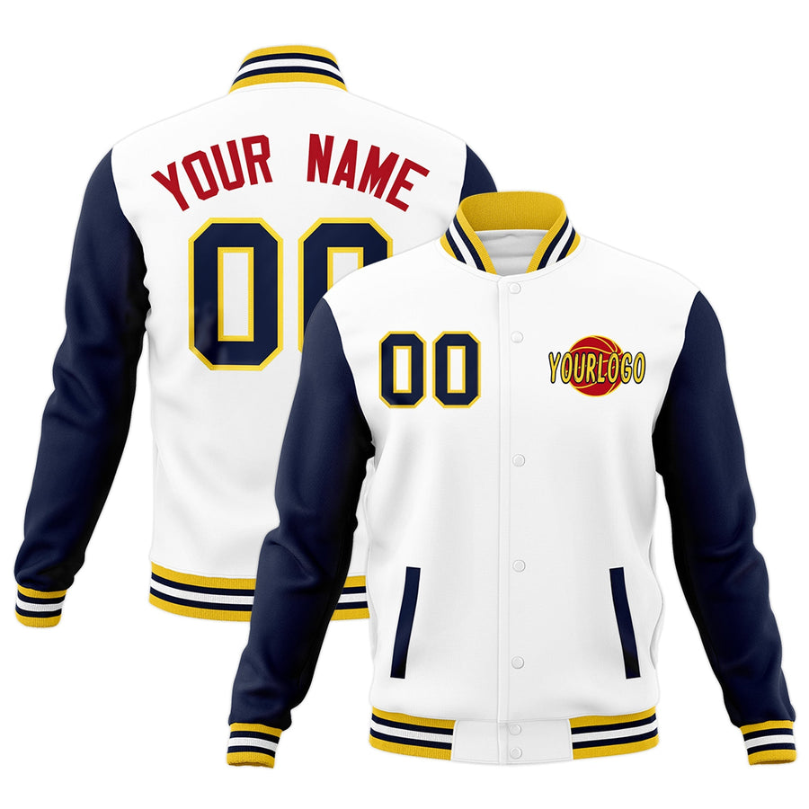 Custom White Navy Gold Raglan Sleeves Classic Style Letterman Cotton Fabric Jacket | BuyFootballJersey