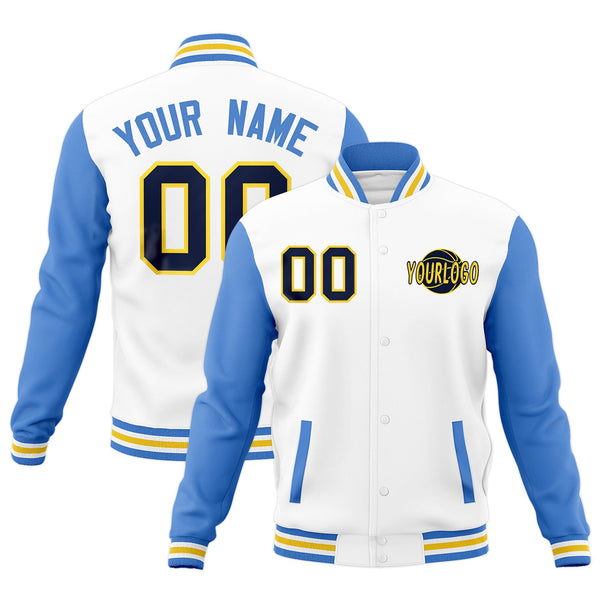 Custom White Powder Blue Gold Raglan Sleeves Classic Style Letterman Cotton Fabric Jacket | BuyFootballJersey