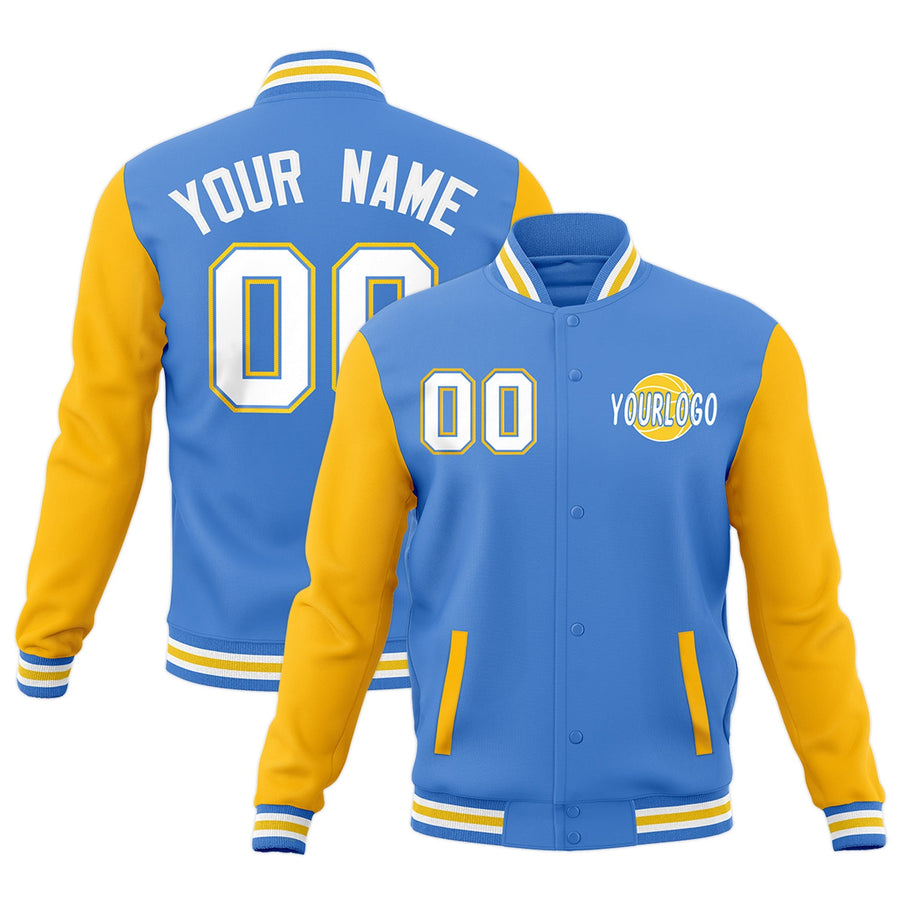 Custom Powder Blue White Gold Raglan Sleeves Classic Style Letterman Cotton Fabric Jacket | BuyFootballJersey