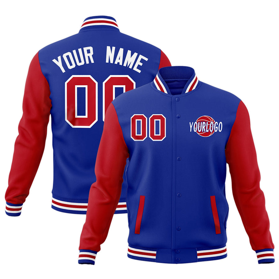 Custom Royal Blue Red White Raglan Sleeves Classic Style Letterman Cotton Fabric Jacket | BuyFootballJersey