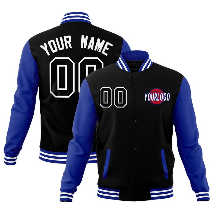 Custom Royal Blue Black White Raglan Sleeves Classic Style Letterman Cotton Fabric Jacket | BuyFootballJersey