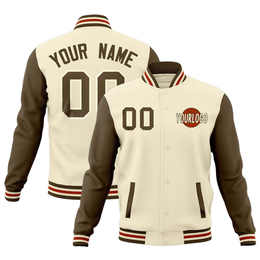 Custom Cream Light Brown Dark Orange Raglan Sleeves Classic Style Letterman Cotton Fabric Jacket | BuyFootballJersey