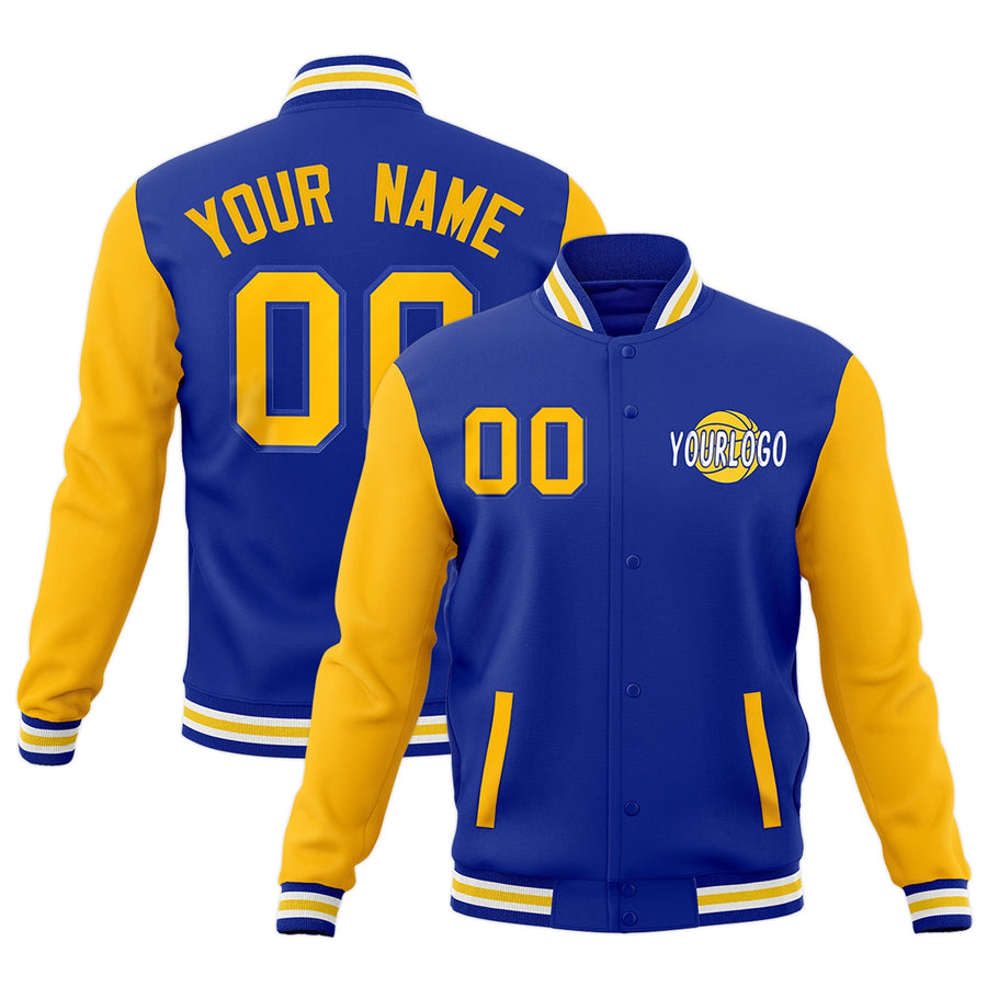 Custom Royal Blue White Gold Raglan Sleeves Classic Style Letterman Cotton Fabric Jacket | BuyFootballJersey
