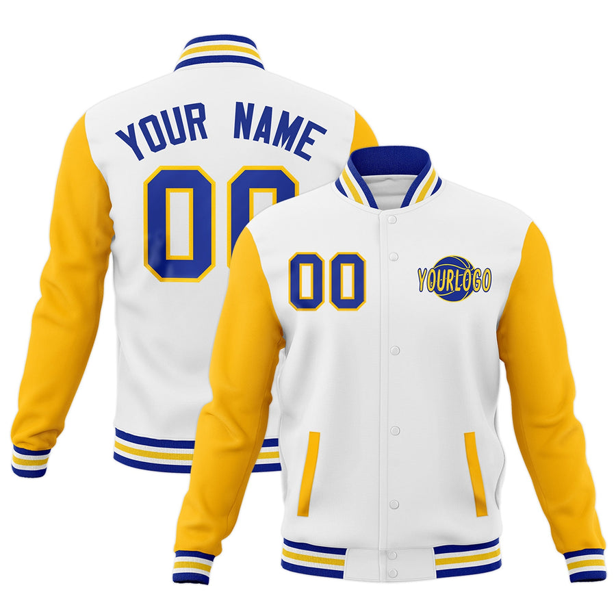 Custom White Royal Blue Gold Raglan Sleeves Classic Style Letterman Cotton Fabric Jacket | BuyFootballJersey