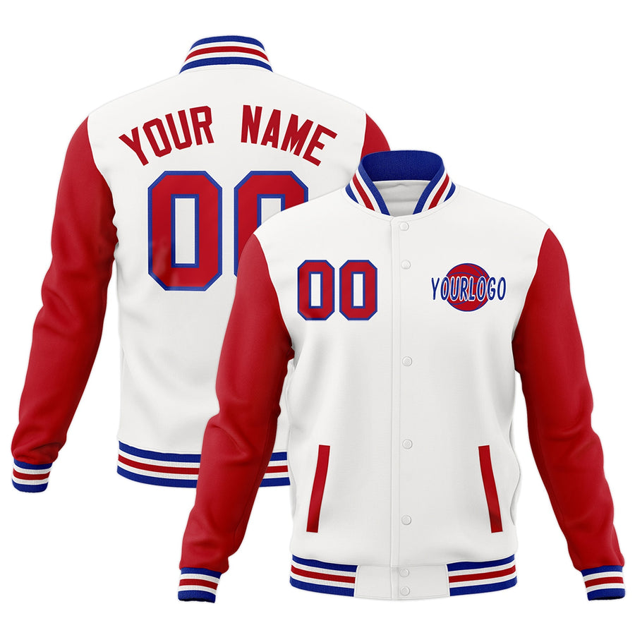 Custom White Red Royal Blue Raglan Sleeves Classic Style Letterman Cotton Fabric Jacket | BuyFootballJersey