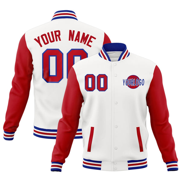 Custom White Red Royal Blue Raglan Sleeves Classic Style Letterman Cotton Fabric Jacket | BuyFootballJersey