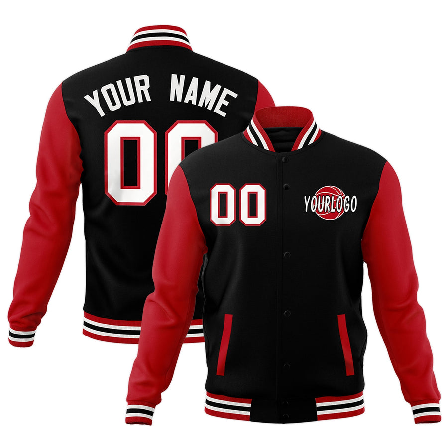 Custom Black Red Raglan Sleeves Classic Style Letterman Cotton Fabric Jacket | BuyFootballJersey