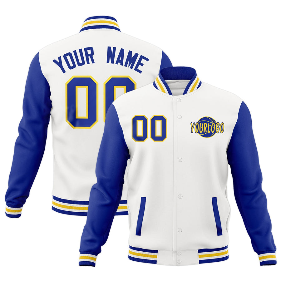 Custom White Royal Blue Raglan Sleeves Classic Style Letterman Cotton Fabric Jacket | BuyFootballJersey