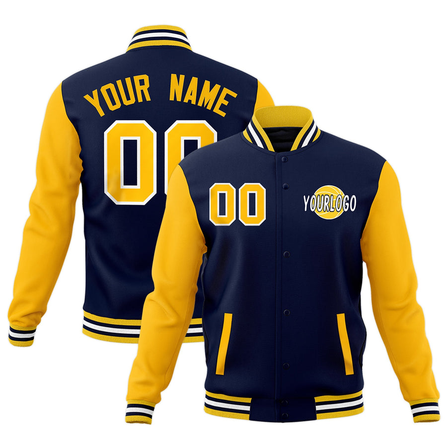 Custom Navy Gold White Raglan Sleeves Classic Style Letterman Cotton Fabric Jacket | BuyFootballJersey