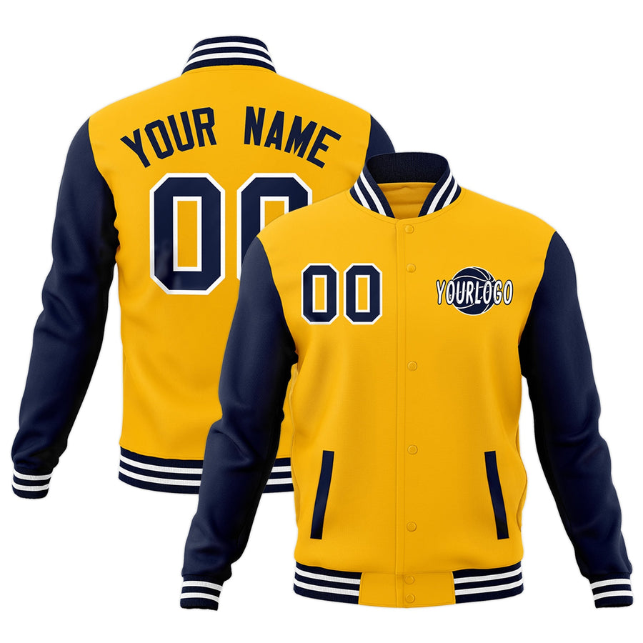 Custom Yellow Navy White Raglan Sleeves Classic Style Letterman Cotton Fabric Jacket | BuyFootballJersey