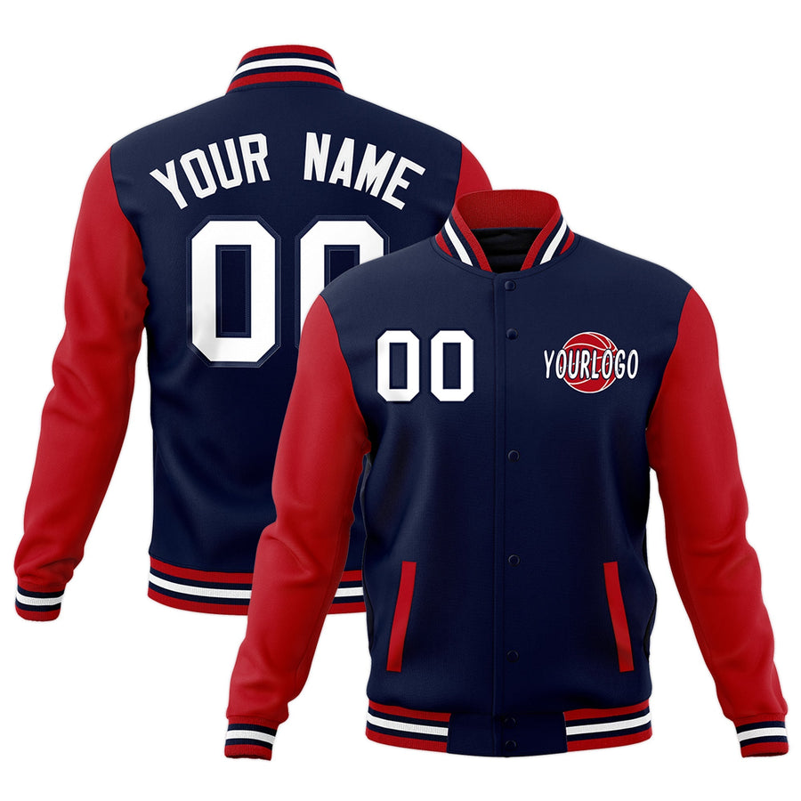Custom Navy Red White Raglan Sleeves Classic Style Letterman Cotton Fabric Jacket | BuyFootballJersey