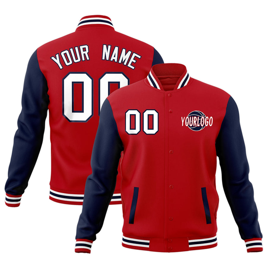 Custom Red Navy White Raglan Sleeves Classic Style Letterman Cotton Fabric Jacket | BuyFootballJersey