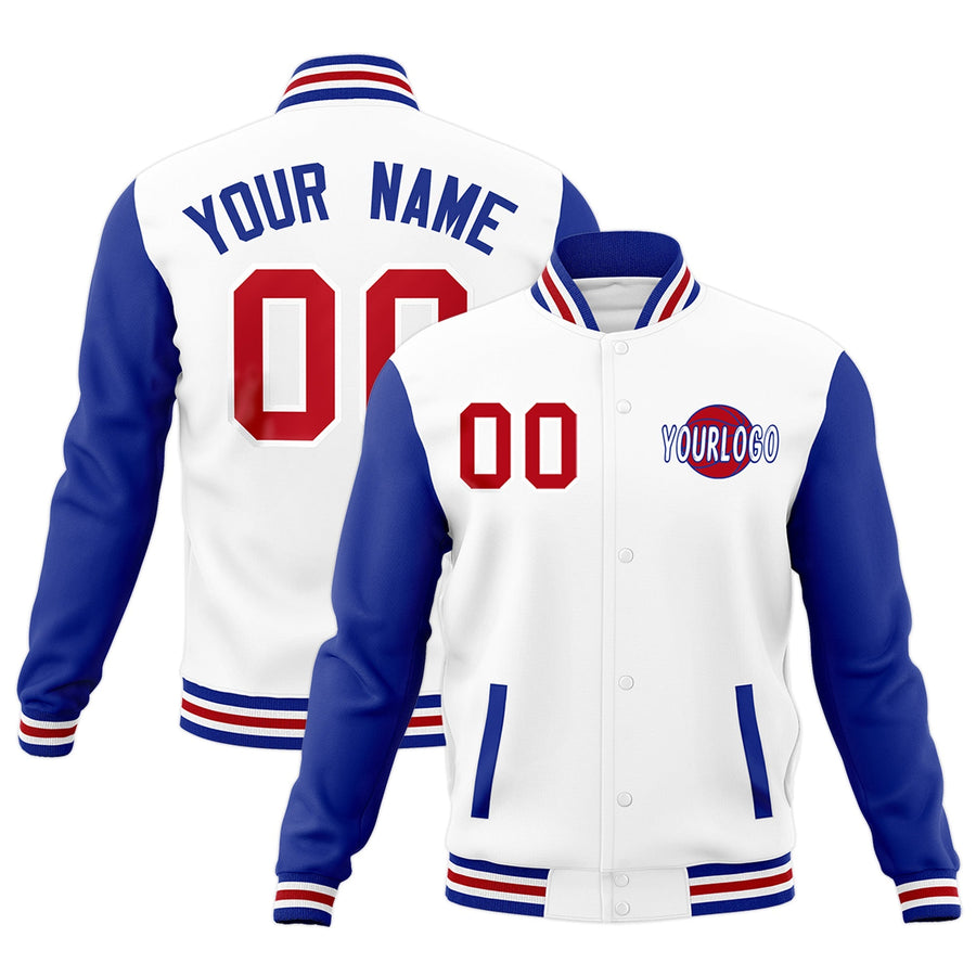 Custom White Royal Blue Red Raglan Sleeves Classic Style Letterman Cotton Fabric Jacket | BuyFootballJersey
