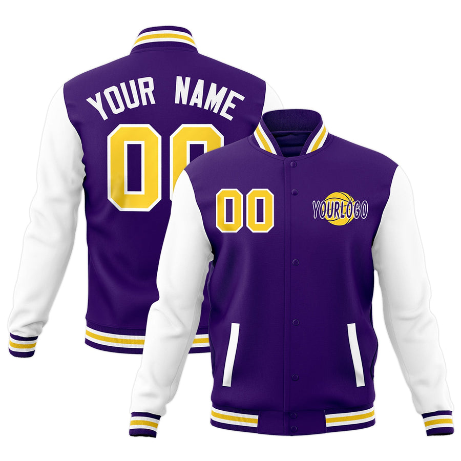 Custom Purple White Gold Raglan Sleeves Classic Style Letterman Cotton Fabric Jacket | BuyFootballJersey