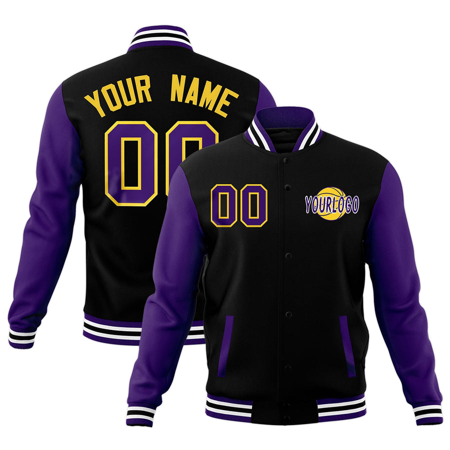 Custom Black Purple White Raglan Sleeves Classic Style Letterman Cotton Fabric Jacket | BuyFootballJersey