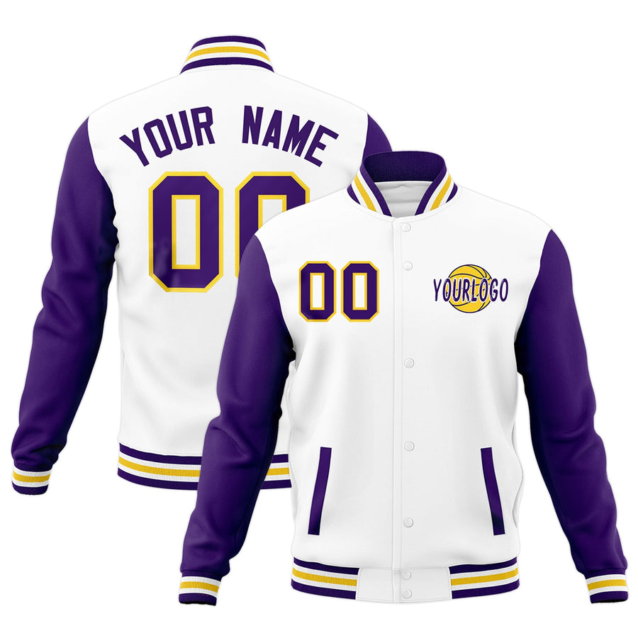 Custom White Purple Gold Raglan Sleeves Classic Style Letterman Cotton Fabric Jacket | BuyFootballJersey