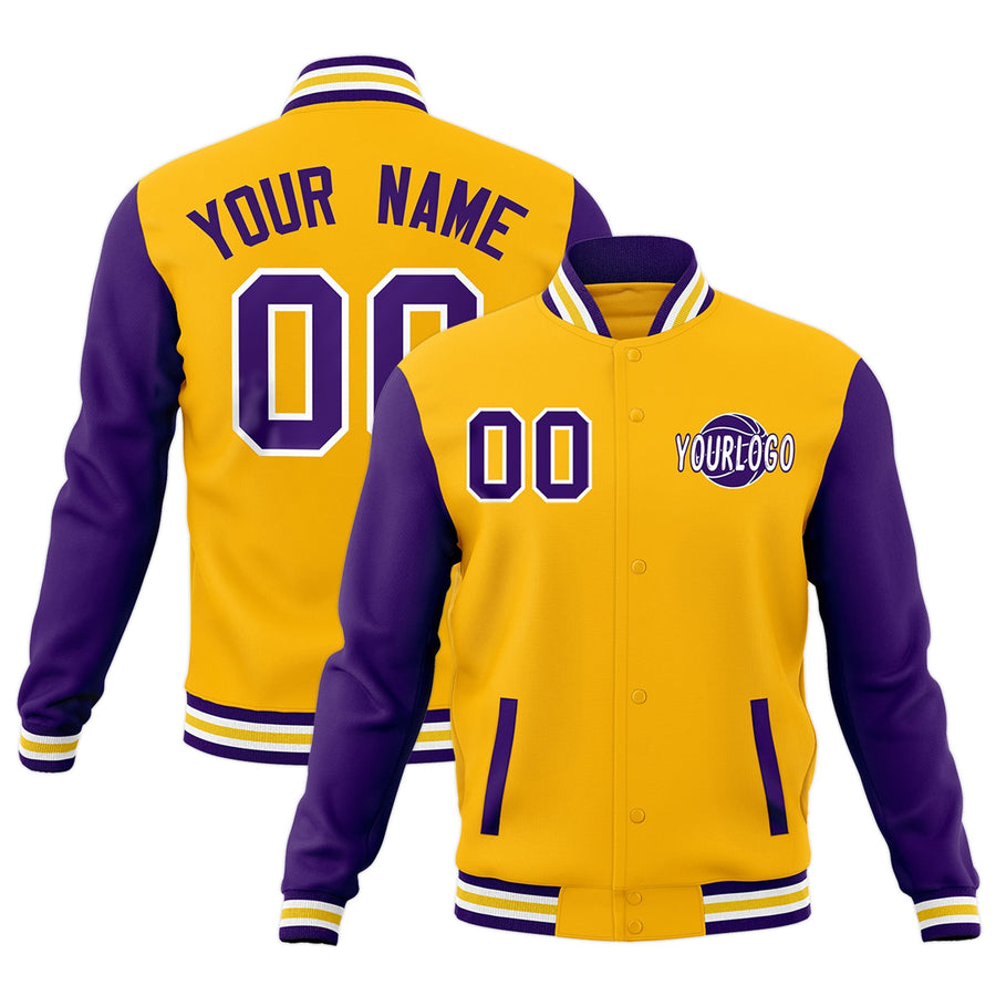 Custom Gold Purple White Raglan Sleeves Classic Style Letterman Cotton Fabric Jacket | BuyFootballJersey