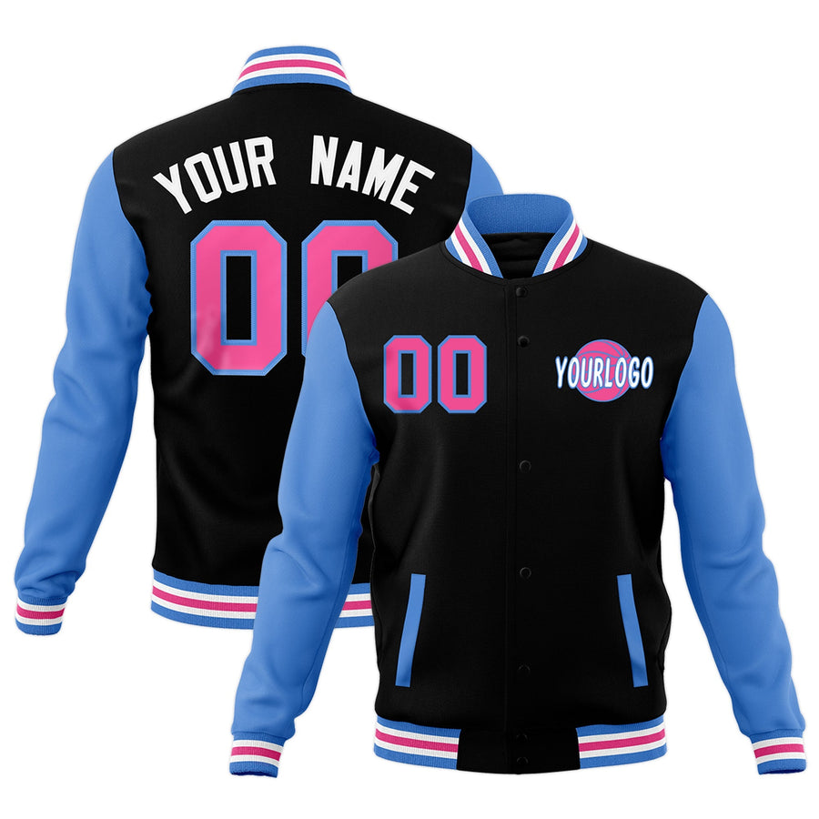 Custom Black Powder Blue White Raglan Sleeves Classic Style Letterman Cotton Fabric Jacket | BuyFootballJersey