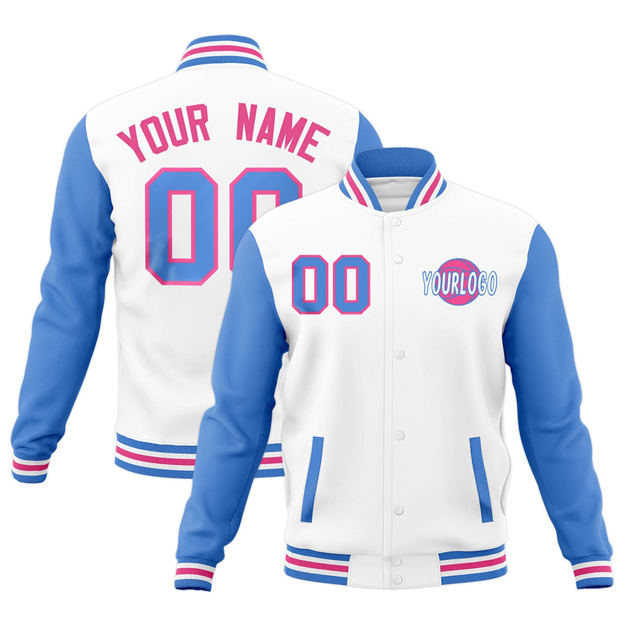 Custom White Powder Blue Pink Raglan Sleeves Classic Style Letterman Cotton Fabric Jacket | BuyFootballJersey
