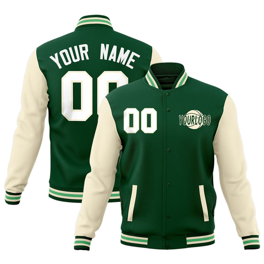 Custom Green Cream Raglan Sleeves Classic Style Letterman Cotton Fabric Jacket | BuyFootballJersey