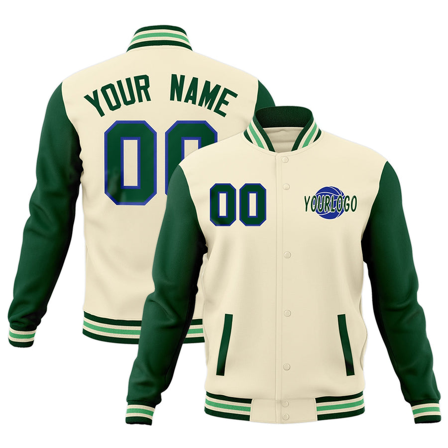 Custom Cream Green Raglan Sleeves Classic Style Letterman Cotton Fabric Jacket | BuyFootballJersey