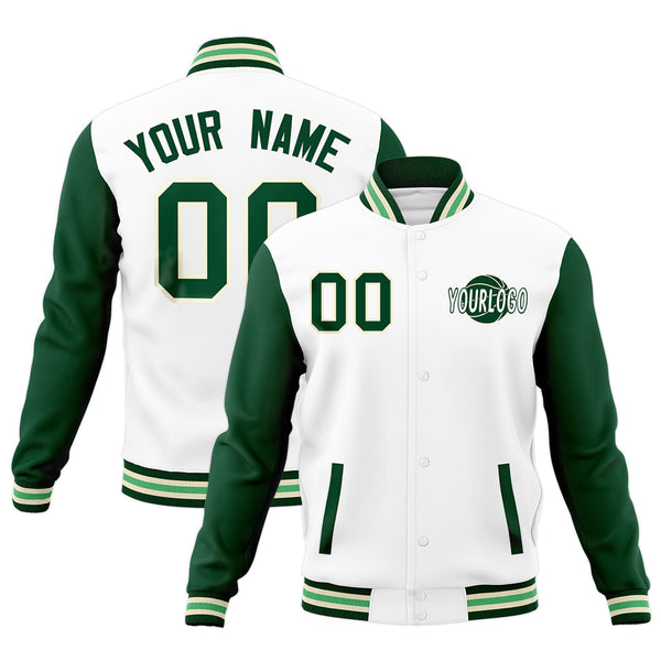 Custom White Green Cream Raglan Sleeves Classic Style Letterman Cotton Fabric Jacket | BuyFootballJersey