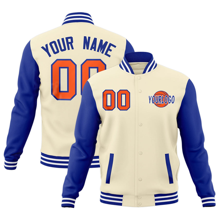 Custom Cream Royal Blue White Raglan Sleeves Classic Style Letterman Cotton Fabric Jacket | BuyFootballJersey