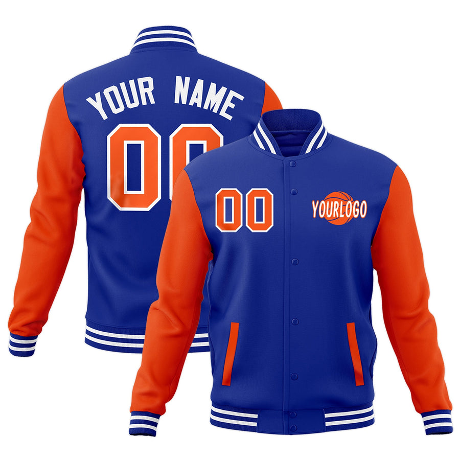 Custom Royal Blue Orange White Raglan Sleeves Classic Style Letterman Cotton Fabric Jacket | BuyFootballJersey