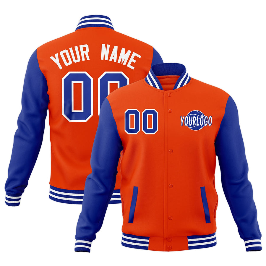 Custom Orange Royal Blue Raglan Sleeves Classic Style Letterman Cotton Fabric Jacket | BuyFootballJersey