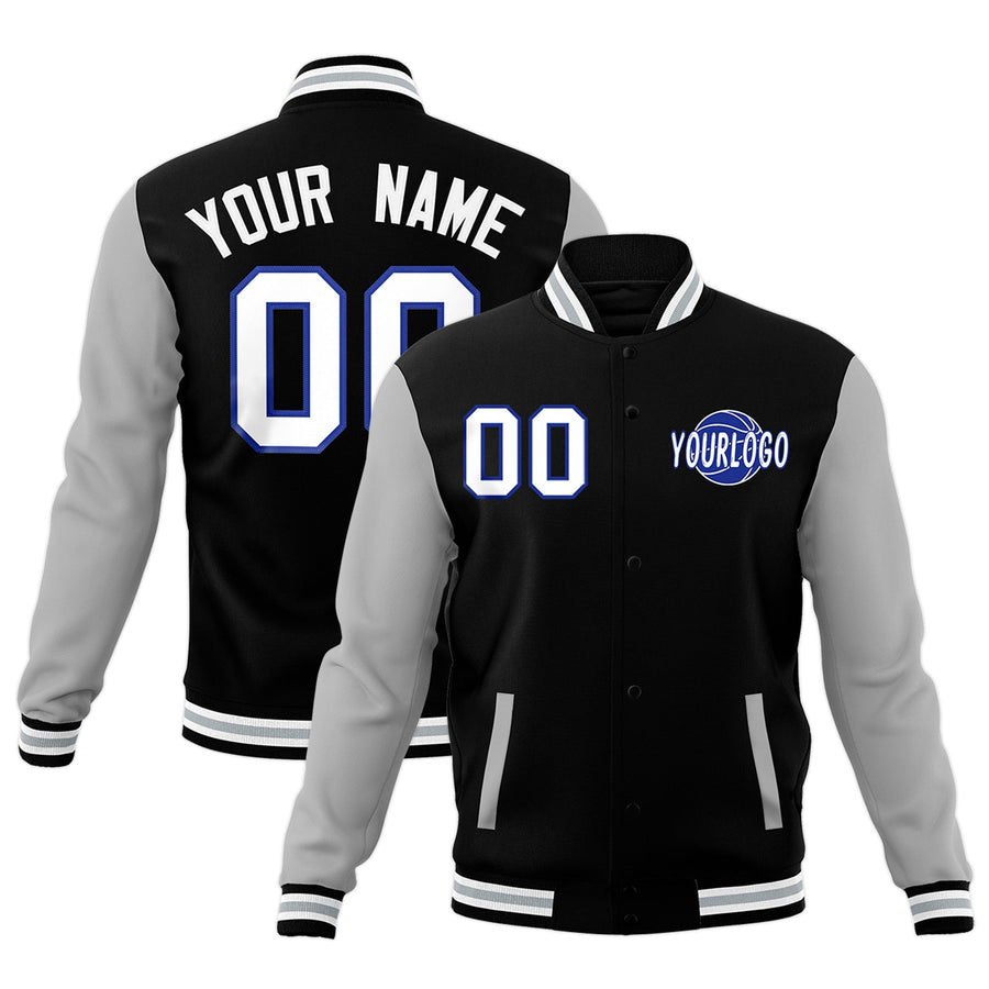 Custom Black Gray White Raglan Sleeves Classic Style Letterman Cotton Fabric Jacket | BuyFootballJersey