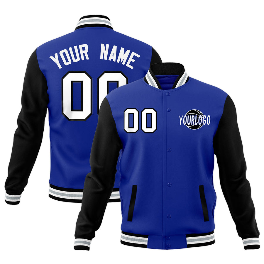 Custom Black Royal Blue Raglan Sleeves Classic Style Letterman Cotton Fabric Jacket | BuyFootballJersey