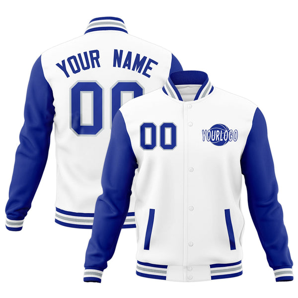 Custom White Royal Blue Gray Raglan Sleeves Classic Style Letterman Cotton Fabric Jacket | BuyFootballJersey