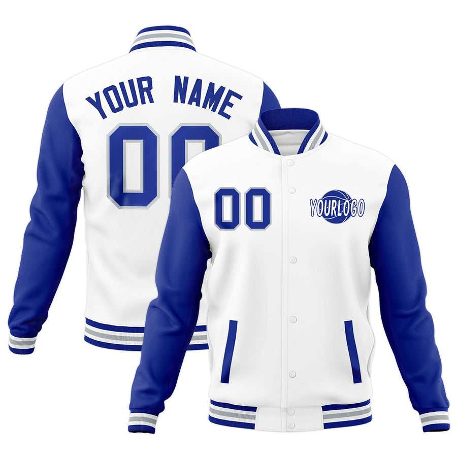 Custom White Royal Blue Gray Raglan Sleeves Classic Style Letterman Cotton Fabric Jacket | BuyFootballJersey