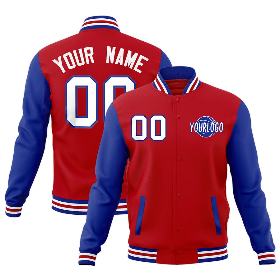 Custom Red Royal Blue White Raglan Sleeves Classic Style Letterman Cotton Fabric Jacket | BuyFootballJersey