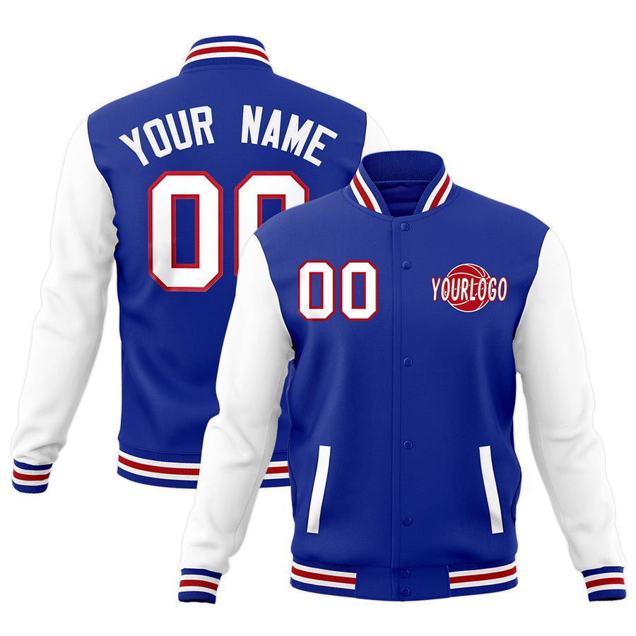 Custom Royal Blue White Red Raglan Sleeves Classic Style Letterman Cotton Fabric Jacket | BuyFootballJersey