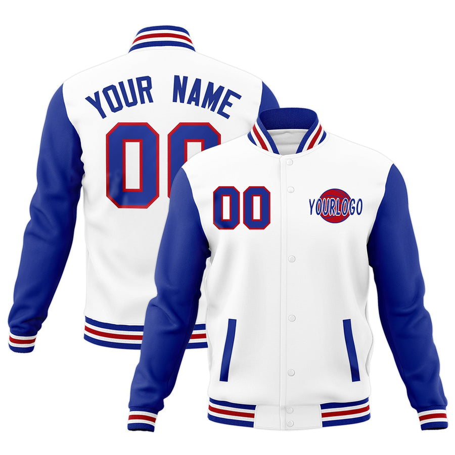 Custom Royal Blue White Raglan Sleeves Classic Style Letterman Cotton Fabric Jacket | BuyFootballJersey