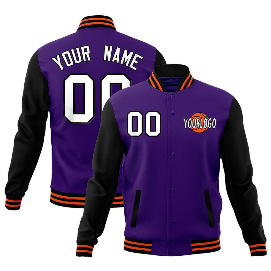 Custom Purple Black Orange Raglan Sleeves Classic Style Letterman Cotton Fabric Jacket | BuyFootballJersey