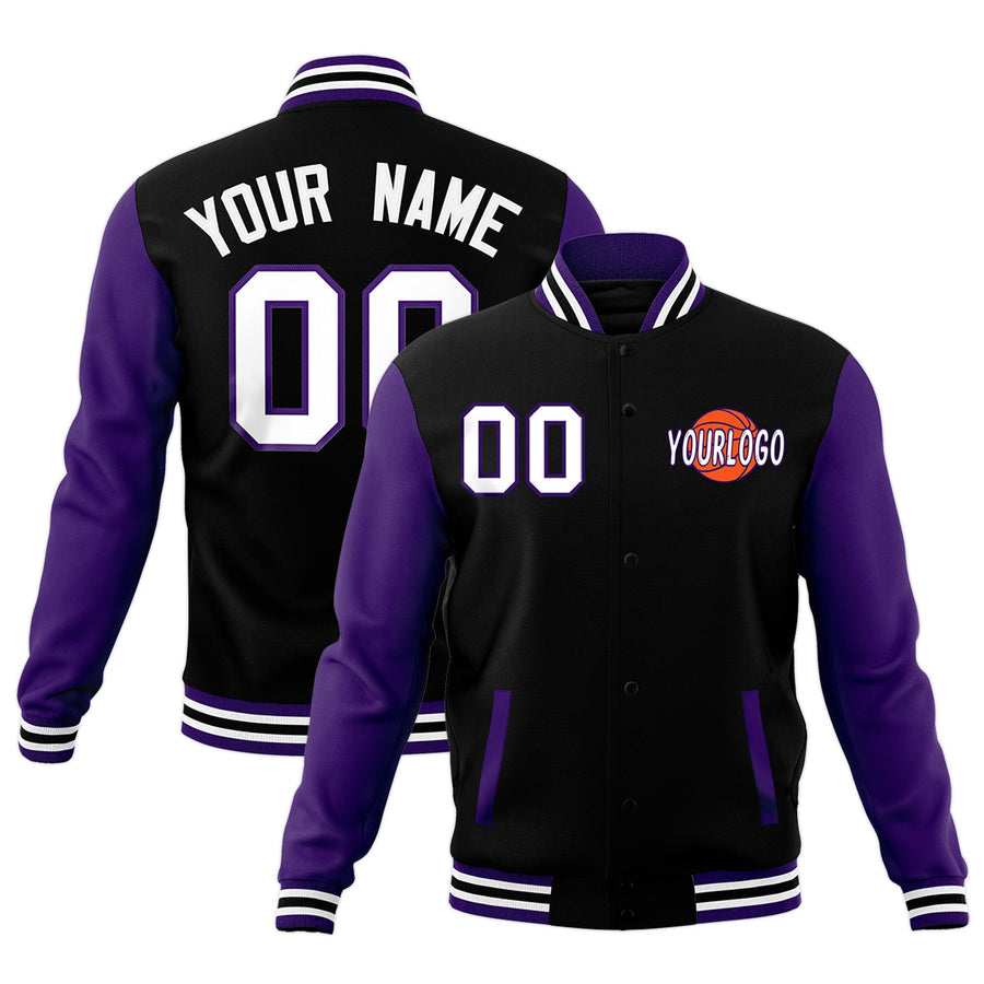 Custom Purple Black White Raglan Sleeves Classic Style Letterman Cotton Fabric Jacket | BuyFootballJersey