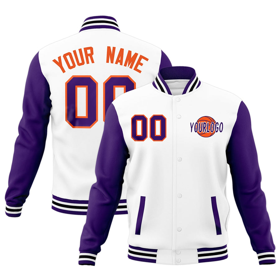 Custom White Purple Black Raglan Sleeves Classic Style Letterman Cotton Fabric Jacket | BuyFootballJersey