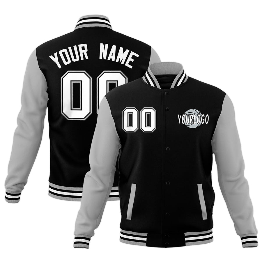 Custom Gray Black White Raglan Sleeves Classic Style Letterman Cotton Fabric Jacket | BuyFootballJersey