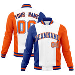 Custom White Royal Blue Orange Personalization Varsity Full-Snap Three Color Blocks Letterman Jacket | BuyFootballJersey