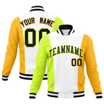 Custom White Fluorescent Green Yellow Personalization Varsity Full-Snap Three Color Blocks Letterman Jacket | BuyFootballJersey