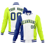 Custom White Royal Blue Fluorescent Green Personalization Varsity Full-Snap Three Color Blocks Letterman Jacket | BuyFootballJersey