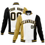 Custom White Old Gold Black Personalization Varsity Full-Snap Three Color Blocks Letterman Jacket | BuyFootballJersey