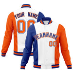 Custom White Royal Blue Orange Personalization Varsity Full-Snap Three Color Blocks Letterman Jacket | BuyFootballJersey